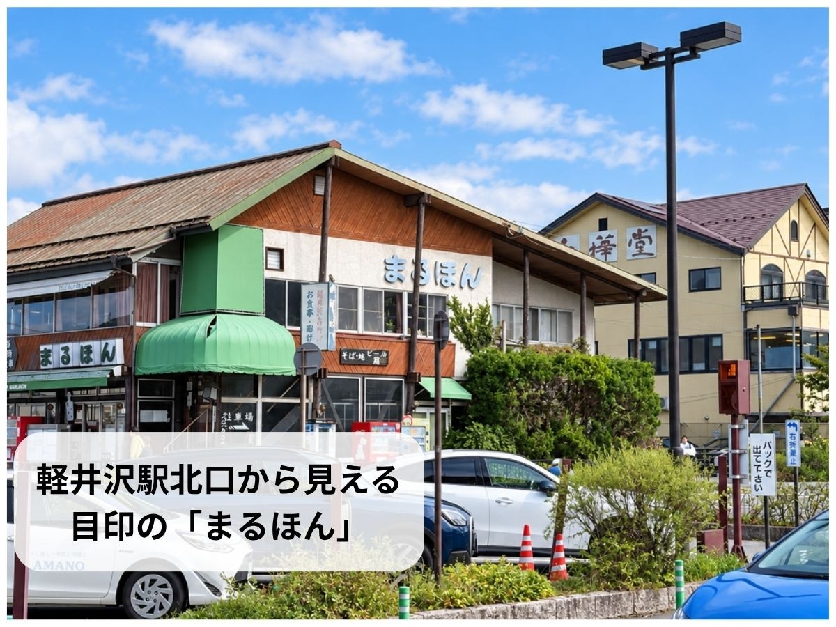 軽井沢駅北口から見える「まるほん」と、右隣のアルピコタクシー乗り場