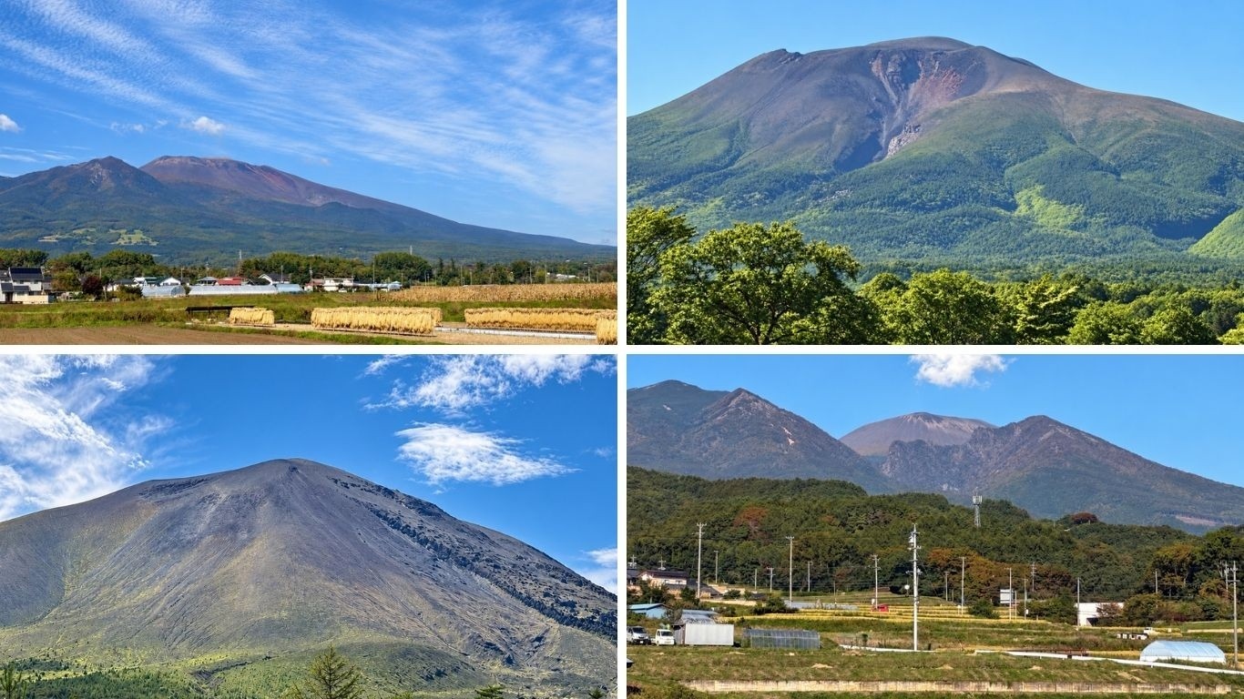 見る場所によって異なる浅間山の山容を、田園風景や山肌とともに紹介する4枚の写真